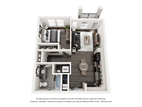Floor plan for 1 bed, 1 bath, 664 sqft